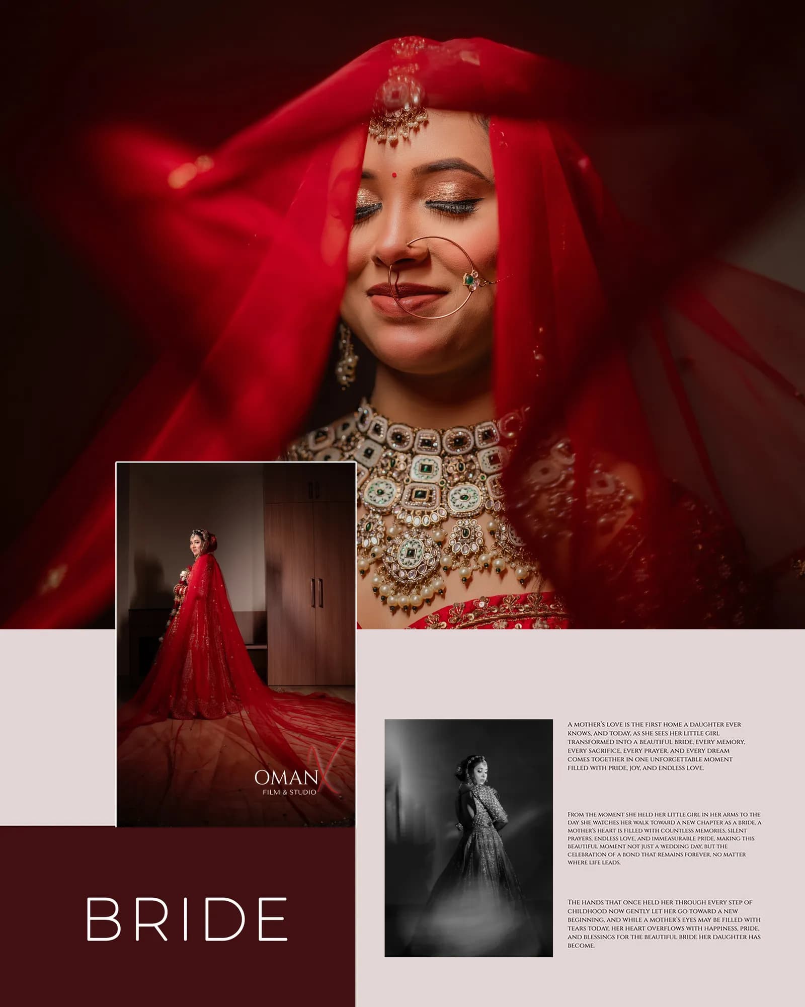 Indian bride in a red bridal veil and traditional jewellery posing for an elegant bridal portrait